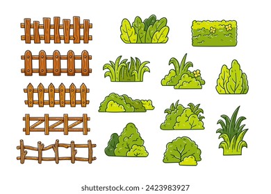 Set of bush and fence hand-drawn vector illustration