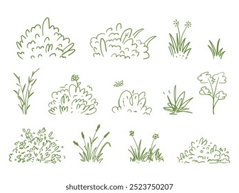 Set of bush, grass. Hand drawn green bush blossom