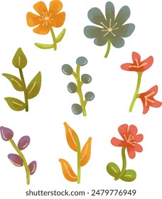 Conjunto de arbusto sobre fondo blanco. Flor de arbusto verde. Conjunto de hierba verde, conjunto de flores de colores, colección. Ilustración vectorial