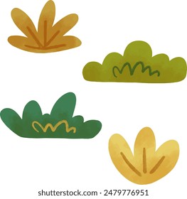 Set of bush on white background. Green bush blossom. Green grass set, colorful flower set, collection. Vector illustration