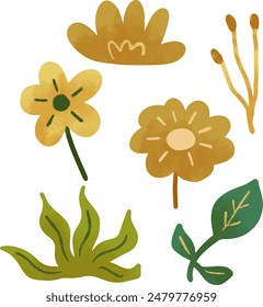 Set of bush on white background. Green bush blossom. Green grass set, colorful flower set, collection. Vector illustration