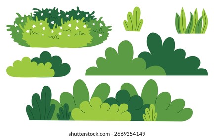 Conjunto de arbusto sobre un fondo blanco. Ilustración plana de Vector de arbusto verde. Bush florece.