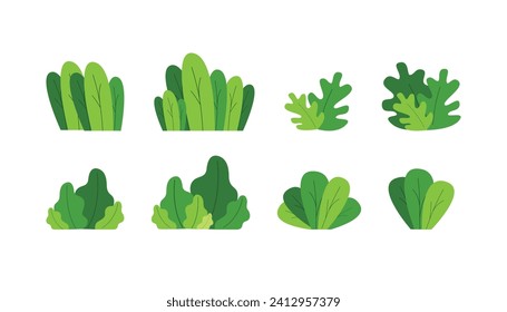 Set of bush vector illustration on a white background. Green flat bush on white background. Green grass vector set. Shrub bush shrubbery tree simple abstract. Eco element, foliage, stylized ecology. 