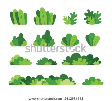 Set of bush vector illustration on a white background. Green flat bush on white background. Green grass vector set. Shrub bush shrubbery tree simple abstract. Eco element, foliage, stylized ecology. 