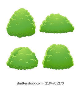 Set of bushes of different shape cartoon vector illustration. 4 green bushes for landscape. Shrub. Isolated on white background