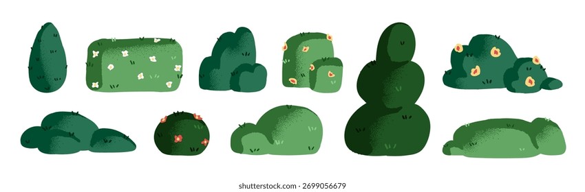 Conjunto de arbustos con diferentes Formas. Arbustos en flor, árboles en flor. Plantas verdes con flores. Cobertura. Elementos de diseño de parque, jardín. Ilustraciones vectoriales aisladas planas sobre fondo blanco