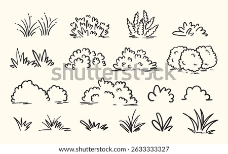 set of bushes and grass hand-drawn style, scribble doodle illustration with brush stroke, set of sign and symbol