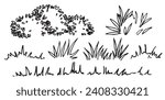 set of bushes, grass and lawn, hand drawing, frontal view. architectural ink drawing, vector.