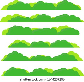 Set of bushes. Horizontal low plant. Element of forest, Park, nature. Green shrub. Cartoon flat illustration