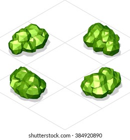 Set of bushes in isometric perspective, polygonal style, isolated on white background.