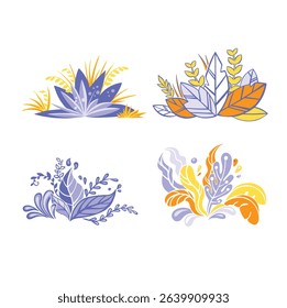 Set bushes leaves decor color flat vector