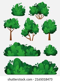 Set of bushes and trees in cartoon style. Small, medium and large bushes. Isolated bushes