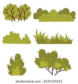 Set of bushes, trees, grass, greenery.