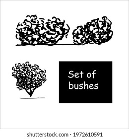 Set of bushes and trees vector illustration. Black tree doodles isolated on white background. Hand draw illustration