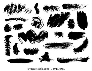 Set of bushy different black brushstrokes isolated on white background. Shaggy shapes, stripes and waves