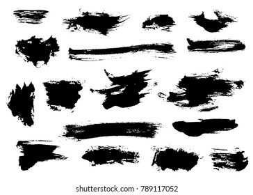 Set of bushy different black brushstrokes isolated on white background. Shaggy shapes and stripes.