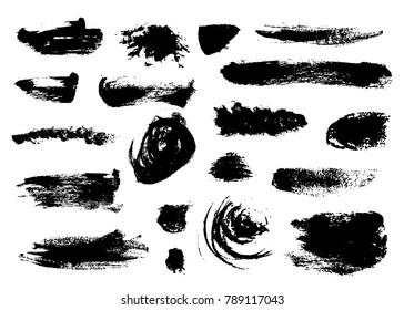 Set of bushy small black brushstrokes isolated on white background. Shaggy shapes, circles and thin stripes.