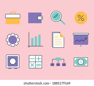 set of businees icons on a ligth pink background vector illustration design