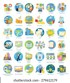 Conjunto de iconos redondos de negocios en diferentes elementos como plan de negocios, estadísticas, conferencia de negocios, balooning, aplicaciones móviles top, ganancias de aplicaciones móviles en fondo blanco y plano