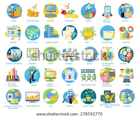 Set of busines round icons in different items such as business plan, statistics, business conference, planning, top mobile applications, earnings from mobile applications in flat on white background