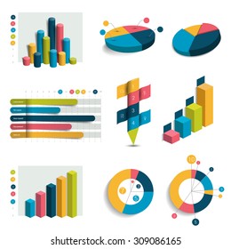 Set of business 3D design graphs, charts. Colummn, cubes, circle design. Infographics.