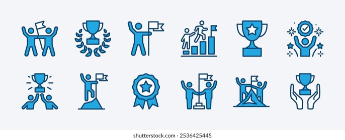 Set of business achievement icon. Containing award, winner, reward, trophy, goal, success, victory, growth, mountain peak, teamwork, career, celebration, accomplishment, triumph. Vector illustration