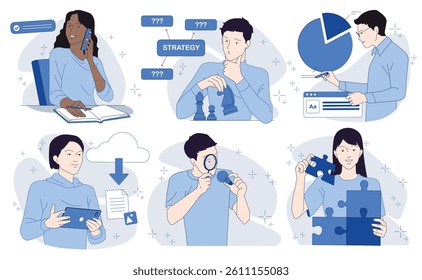 Set of business activity scenes. Male and female office workers make business calls, analyze statistics and develop strategies to achieve goals. Flat vector illustration isolated on background