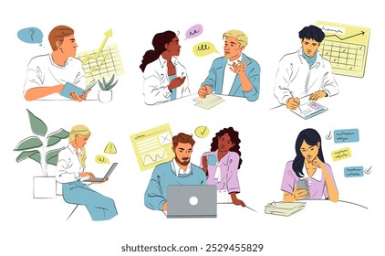 Set of business activity scenes. Man and woman office workers analyze financial statistics, communicate with partners and implement project. Hand drawn vector illustration isolated on background