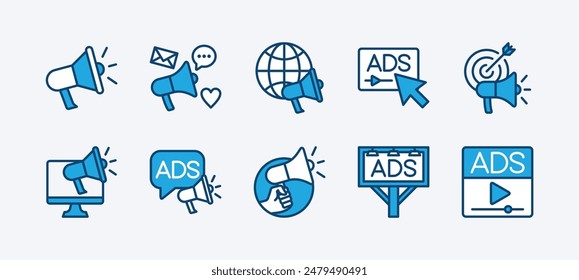 Set of business advertising icon. Containing megaphone, media social, online video, campaign, billboard, communication, marketing target, internet, website, adsense. Vector illustration