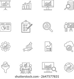 A set of Business Analysis Line Icons. Data Visualization Icons. including charts, graphs, reports,
presentations, and database. Editable Stroke. Business Related icon
