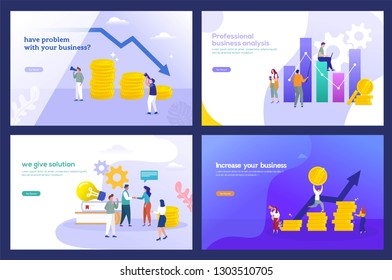 set of business analysis template with coin stack and character, people analytic financial company, company consulting their financial problem, , 
can use, ui, web, mobile app, poster,