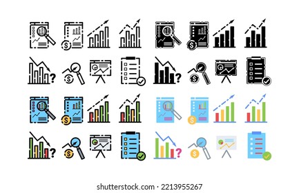 Set of business analyst icon vector with different style. Line, glyph and filled outline colorful version