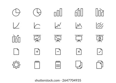 Conjunto de iconos de línea de negocios y análisis que incluyen gráficos, gráficos, documentos y Elementos de interfaz aislados sobre fondo blanco