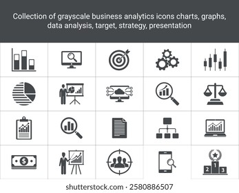 Set of Business Analytics Silhouette  Icons. Charts, Graphs, 
Targets, Strategy,  Presentations