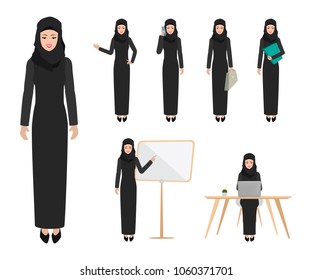 Set of business arab woman character design. Cartoon muslim  vector in job.