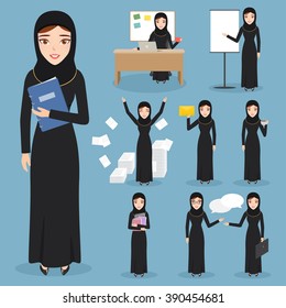 Set of business arab woman character with hijab. people character.