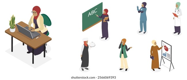 Set of business arabian woman in hijab and traditional dress. Muslim lady in executive management position, company manager, teacher, doctor, nurse and chef. Isometric flat vector illustration