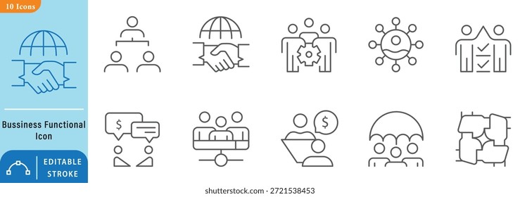 Conjunto de ícone de vetor da arquitetura comercial. Ícone para estratégia, gerenciamento, execução, operações, serviço, metodologia, regulamentação, estrutura organizacional, empresa e muito mais. Ilustração vetorial.