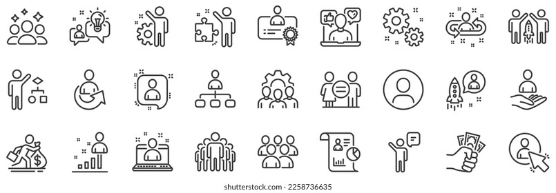 Set of Business audit, Startup strategy and Employee icons. Management line icons. Business strategy, Startup and Teamwork. Organization management, report and group algorithm. Employee job. Vector