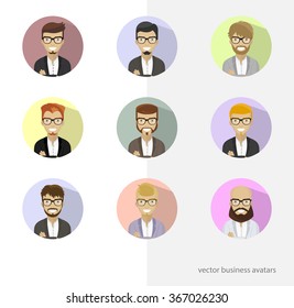 Set business avatars, profile pictures flat icons, different style people characters. Trendy beards and glasses.