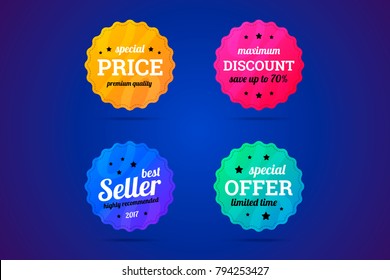 Set of business badges for sale and other. Special price, maximum discount, best seller and special offer badges. Vector illustration.