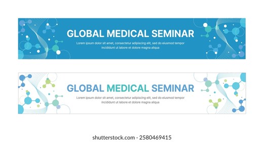 A set of business banner design templates in modern, geometric, abstract pattern style for medical, bio, gene, cell, science, hospital concept seminars, workshops, conferences, research, etc.