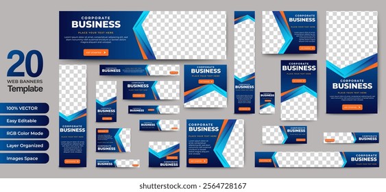 Set of business banner templates with blue background. Modern technology design, abstract background layout with photos. Editable Vector collection corporate banner.