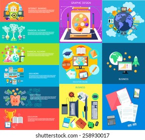 Set of business banners concept of generating money in laboratory with alchemy experiments and global investment with piggy in flat design. Globe surrounded finance, banking and office. Graphic design