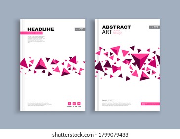 Set, Business book brochure art cover layout. Abstract geometric design, triangles pink, white, a4. Hello technology information banner. Set of modern title page models. Flyer, text, vector, leaflet