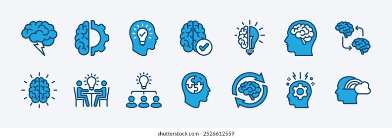 Conjunto de icono de lluvia de ideas de negocios. Contiene bombilla, idea creativa, innovación, solución, Inspiración, creatividad, encuentro, compartir, imaginación, mente, pensamiento, cognición. Ilustración vectorial