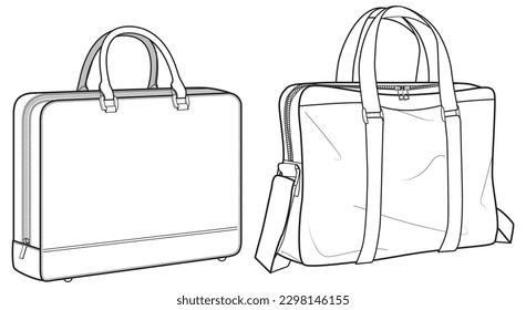 Set of business Briefcase bag flat sketch fashion illustration drawing template mock up, Lockable Silver Aluminum  hard shell Holdall briefcase bag cad drawing. work briefcase bag flat sketch vector