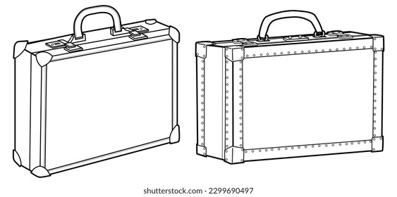 Set of business Briefcase bag flat sketch fashion illustration drawing template mock up, Lockable Silver Aluminum  hard shell briefcase bag cad drawing. work briefcase bag flat sketch vector