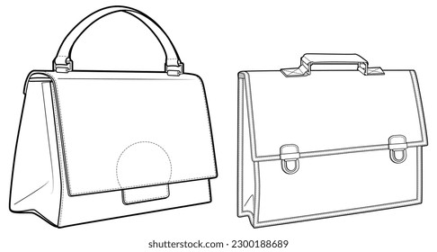 Set business Briefcase bag flat sketch fashion illustration drawing template mock up  Lockable leather briefcase bag cad drawing  work briefcase bag flat sketch vector