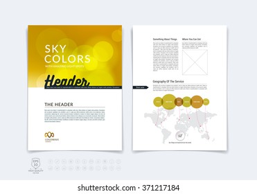 Set of business brochure, flyer and cover design layout template with yellow blurred backgrounds. Vector illustration.
